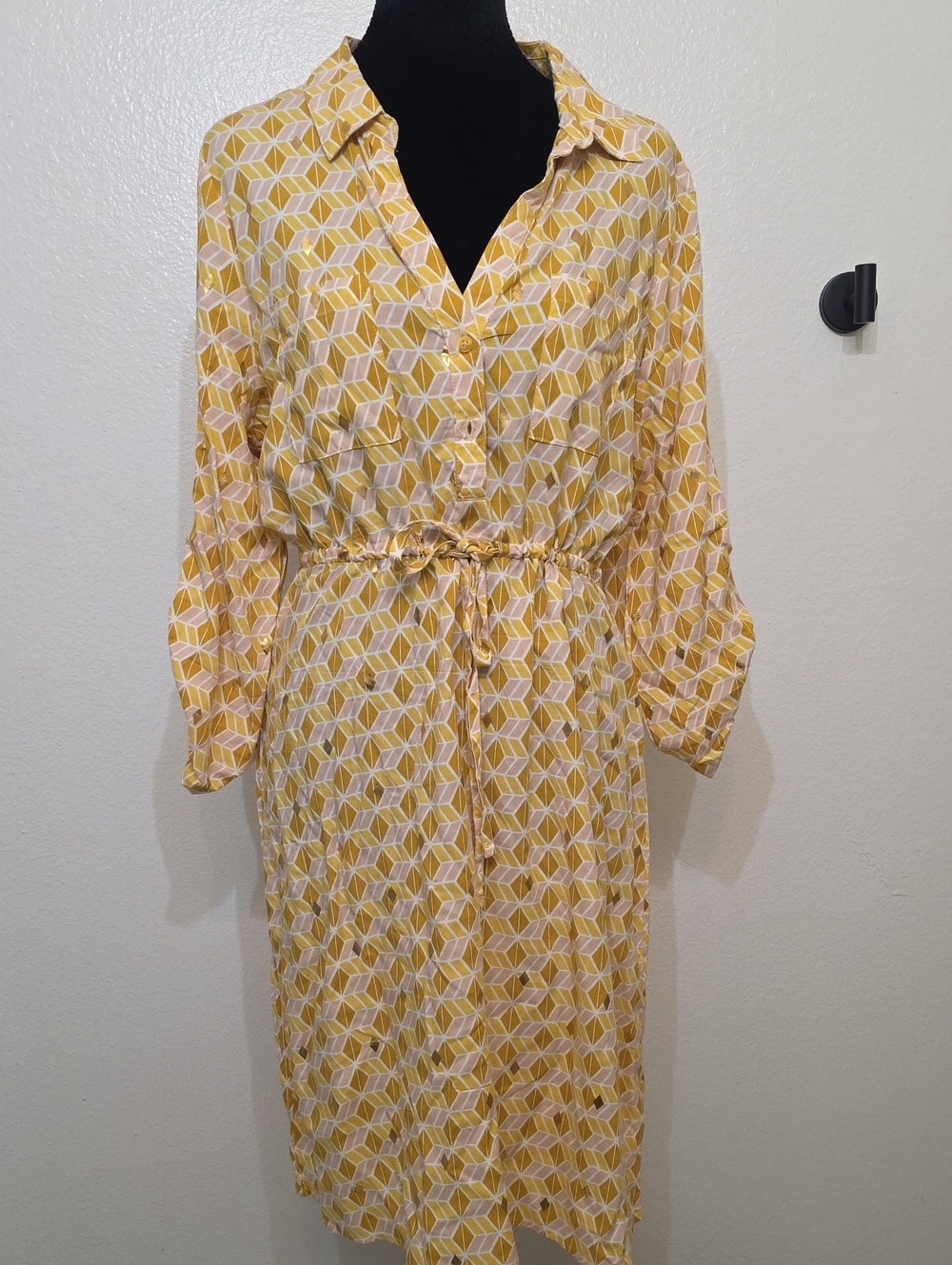 Yellow Geometric Drawstring Shirt Dress
